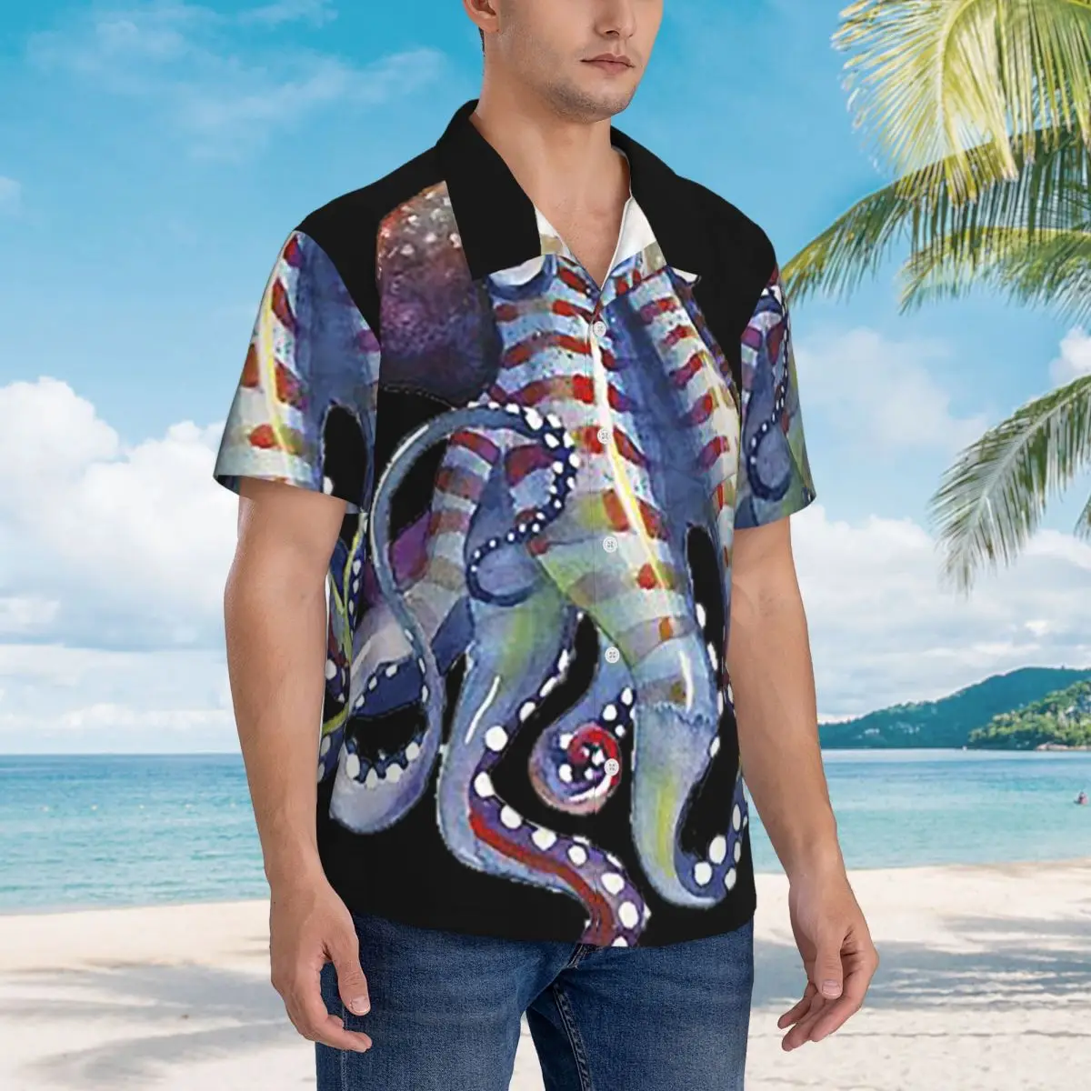 

Мужская модная рубашка Octopus Hawaiian с коротким рукавом для лета и пляжа, с отложным воротником