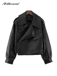 Casual Loose PU Leather Jacket Women Short Style One Button Big Pockets Biker Jacket Coat Femme Motorcycle Jacket Outerwears