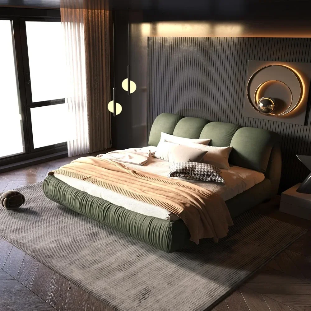 

Bed with Oversized Padded Backrest, Soft Frame Cloud Bed,Thickening Pinewooden Slats and Metal Leg