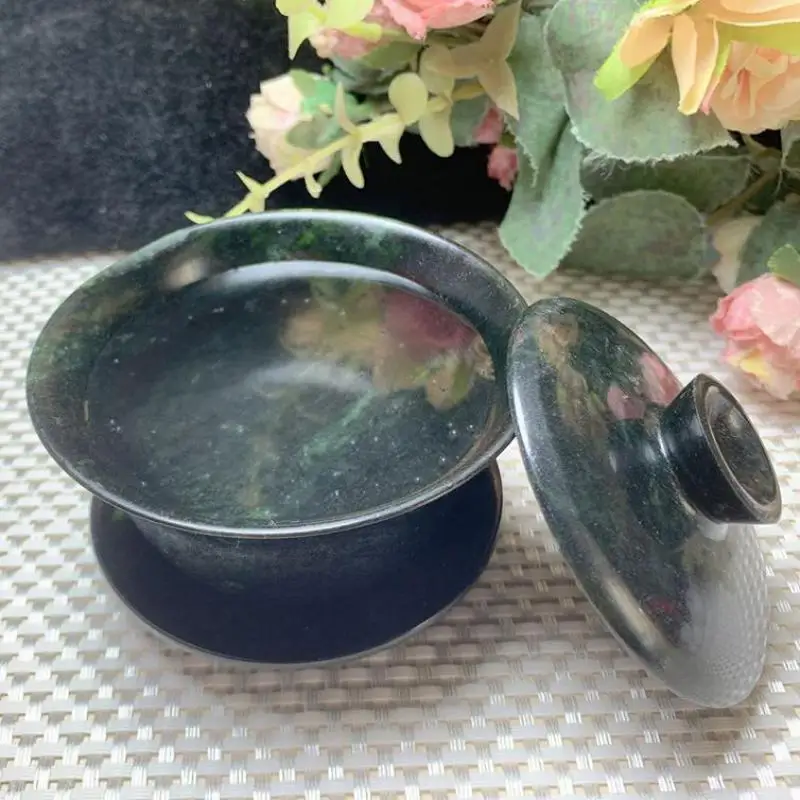 

Natural Black Green Jade Gaiwan Gongfu Teaware Jadeite Tea Cup Jewelry Fine Jades Stone Hand Carved Cover Bowl Health Teacups