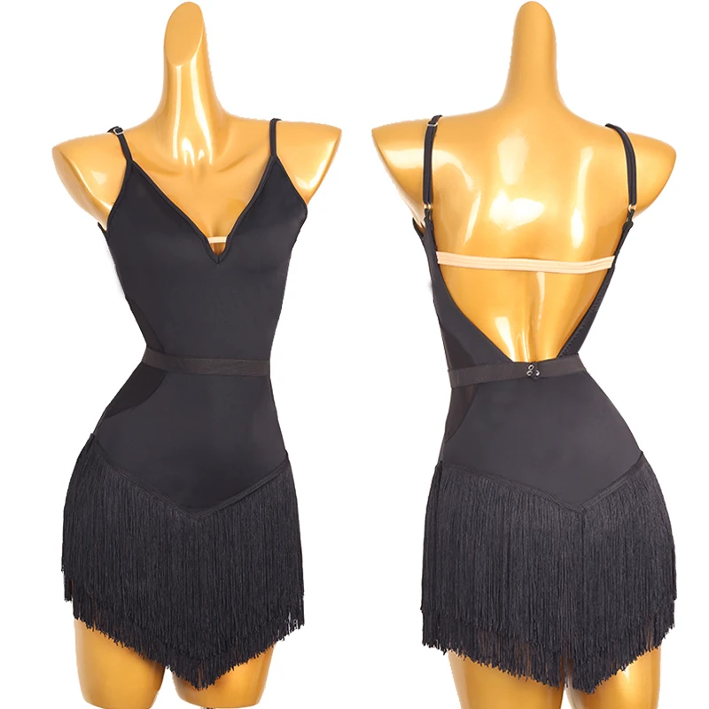 

Sexy Black V-Neck Fringe Dress Female Adult Latin Dance Dress For Women Chacha Rumba Tango Practice Clothes Latin Wear DQL8649