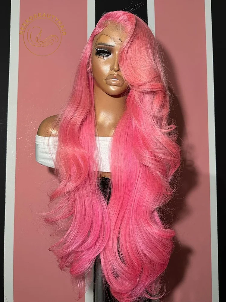 Rose Gold Pink Colored Lace Front Wig Human Hair Pink Wavy Pre Plucked 13x6 HD Transparent Lace Frontal Wigs For Women