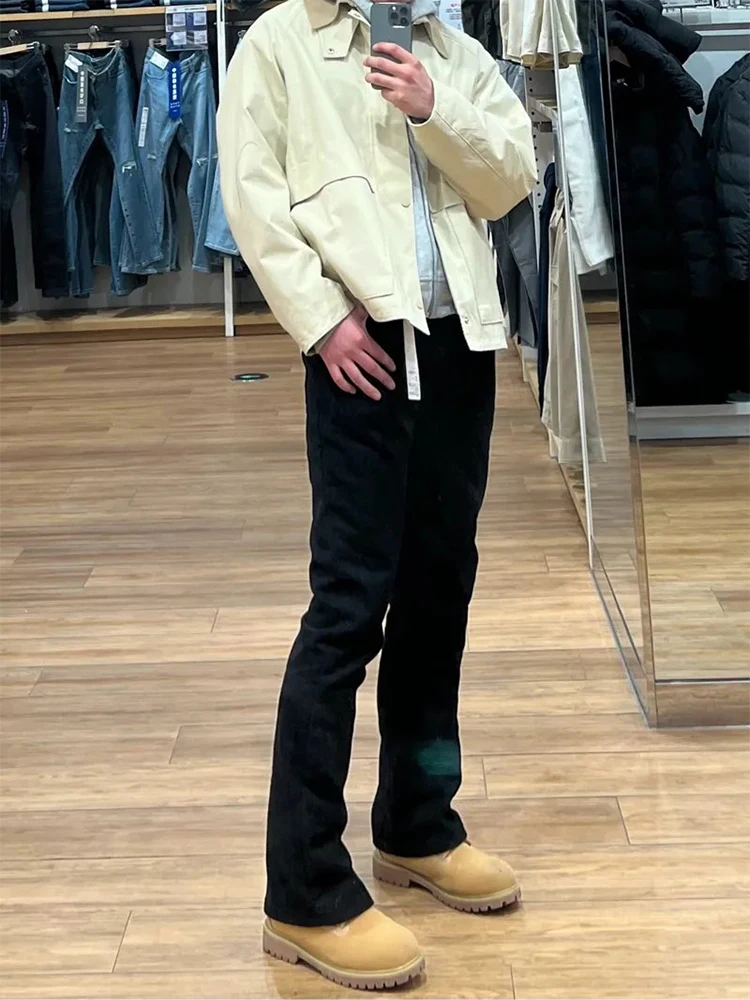 

Elastic Black Fleece Lined Jeans Men's Slim Straight Leggings American High Street Knife Flared Pants Casual Youthful