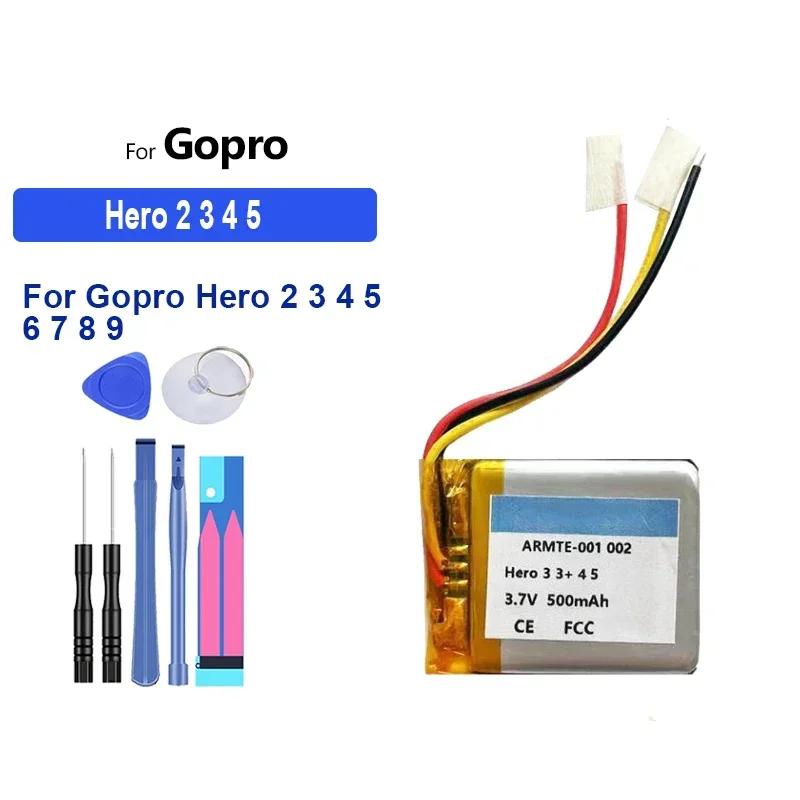 Batteria da 500 mAh per Gopro Hero 2 3 4 5 6 7 8 9 Hero2 Hero3 Hero4 Hero5 Hero6 Hero7 Hero8 Hero9 Telecomando con 3 linee