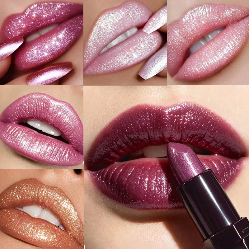 6-Color Diamond Pearl Lipstick Waterproof & Super Shiny Lipstick Moisturizing Matte Shimmer Lip Tint Long-Lasting Korean Makeup