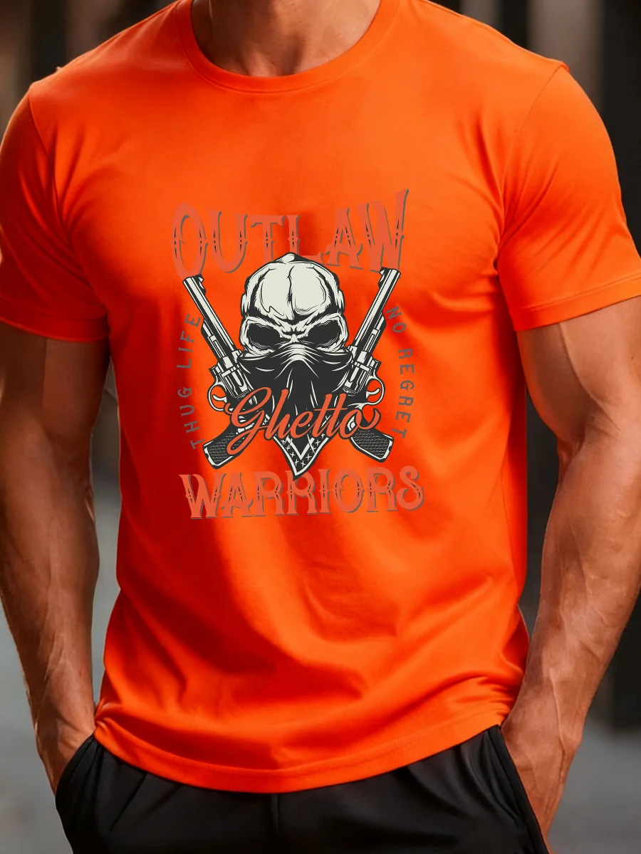 

Orange Short Sleeve T-Shirt with Outlaw Skull & Crossed Guns Graphic - Ghetto Warriors Print