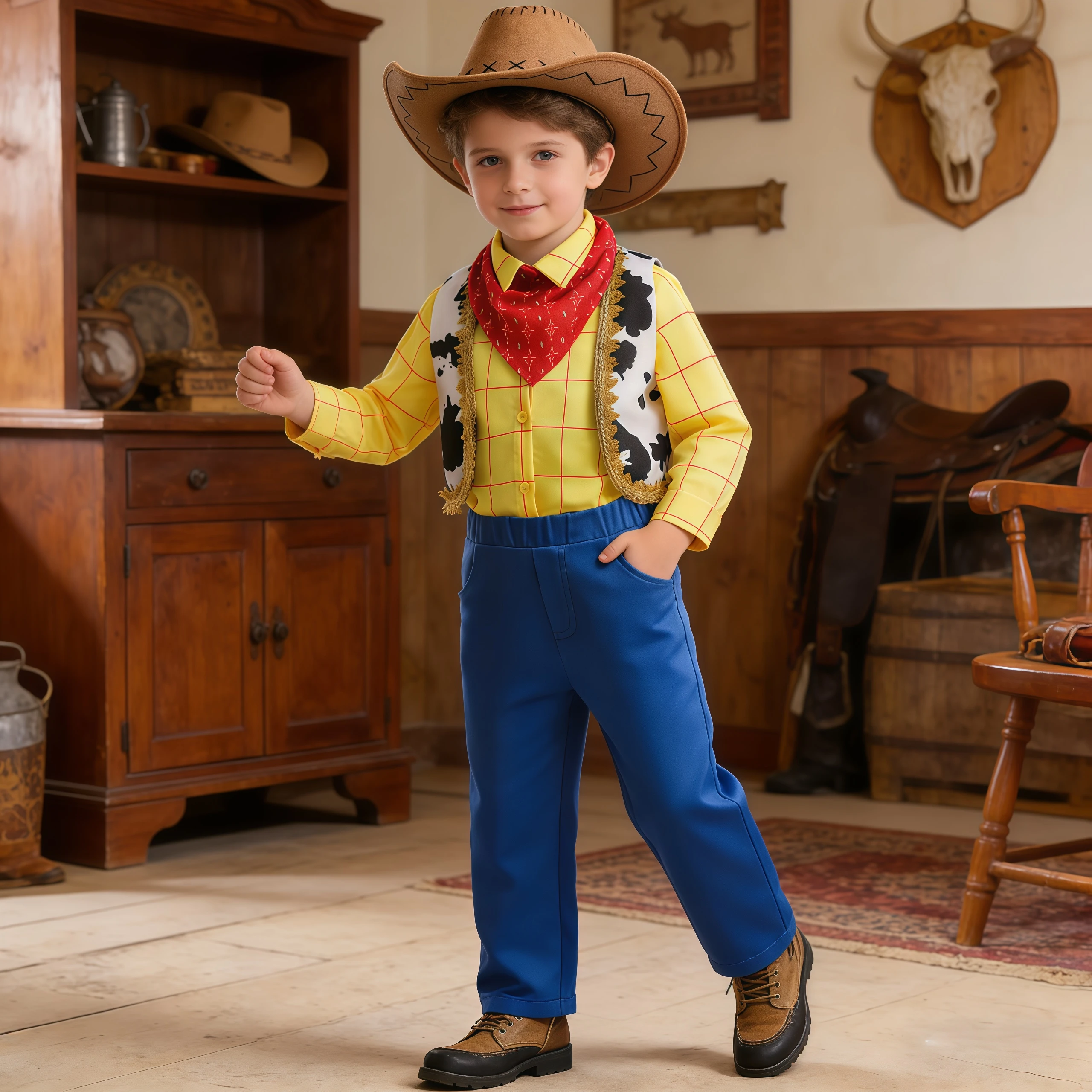 Kids Boys Four Pieces Suits Cowboys Shirt+Vest+Pants Woody Cosplay Costume For Halloween Birthday Party Carnival Fancy Dress Up
