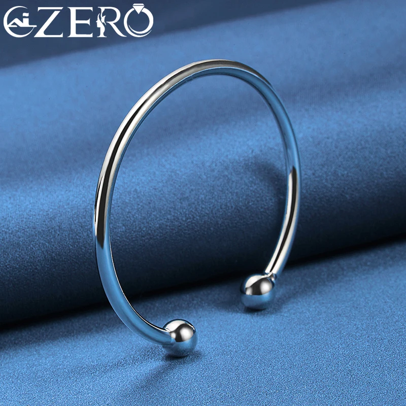 ALIZERO 925 Sterling Silver Solid Double Beads Cuff Bangle Bracelet For Women Man Wedding Engagement Party Jewelry Accessories