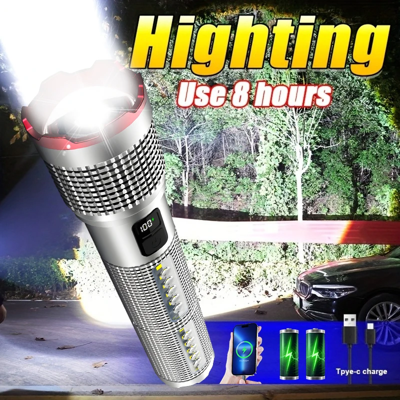 Lampes de poche Led haute puissance forte, torche latérale COB avec affichage, charge de Type C, lanterne Zoom pour Camping, pêche, Defensa