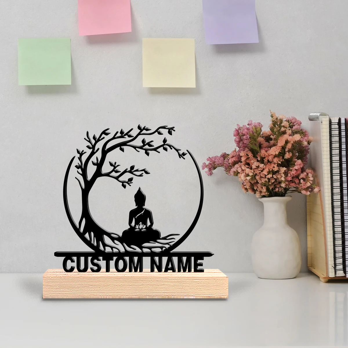 1pc Personalized Custom Meditation Metal Statues With Wooden Base Tabletop Decoration Vibrant Wooden Frame Decor for Living Room
