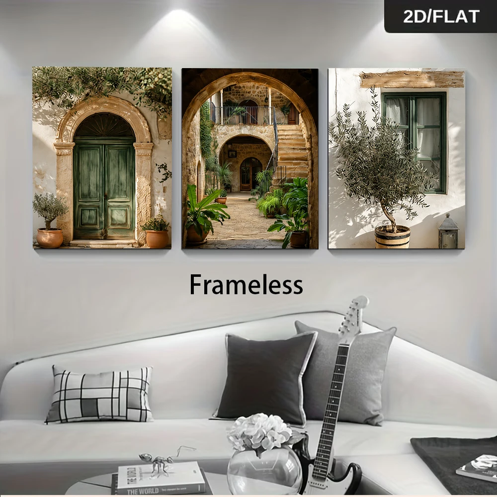 1 Set of Mediterranean-style 3-Piece Frameless Decorative Art Prints Featuring Vintage Architecture and Greenery 2D Flat