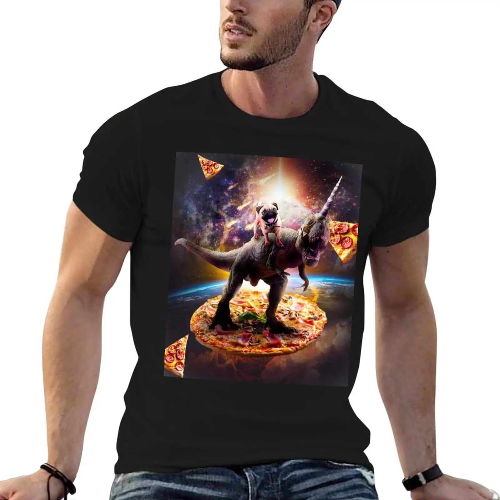 

Outer Space Pug Riding Dinosaur Unicorn - Pizza T-Shirt funny t shirts cotton anime tshirt T-Shirt