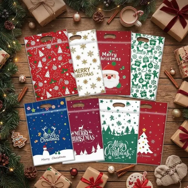 50Pcs Christmas Plastic Resealable Sealing Bags with Handles Reusable Waterproof Pouches for Xmas Treats Cookie Gift Packaging