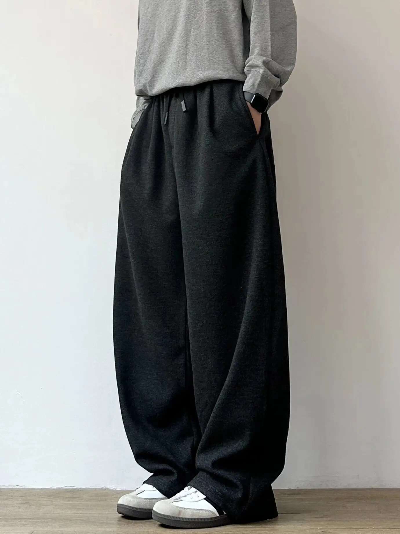 

Winter Men's Loose Basic Straight Leg Woolen Casual Pants Dstring Wide Leg Trousers Versatile Casual Long Trousers
