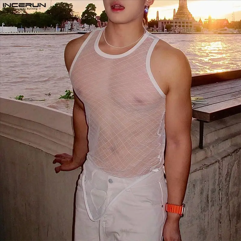 INCERUN Men's Tank Tops Mesh Patchwork See Through Sexy Sleeveless Irregular Tops For Man Summer 2026 Party Men Clothes Vests