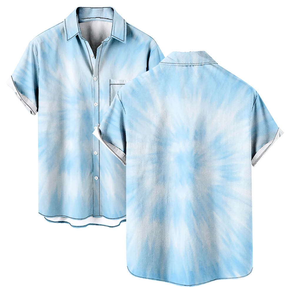 

Tie Dye Color Summer Short Sleeve Shirts V-Neck Turn-down Collar Casual Beach Style Button Shirt