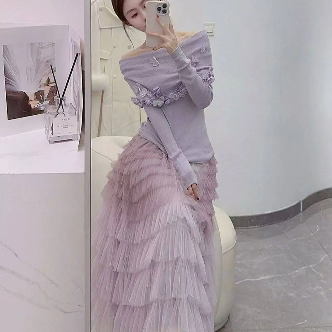 Heavy Embroidery Cake Skirt Long Design Sensation Autumn Winter High Waist Netting Half Body Skirt Slimming 2026 Long Skirt
