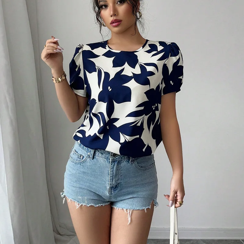 Novedad de verano 2025, camisas europeas y americanas de estilo de vacaciones para mujer, camisas tipo jersey estampadas, camisetas de manga corta para mujer