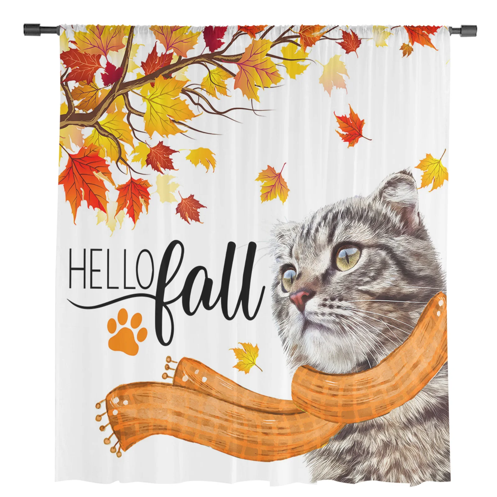 Autumn Maple Branch Cat Sheer Curtains Christmas Decorations for Home Window Tulle Curtains for Living Room Bedroom