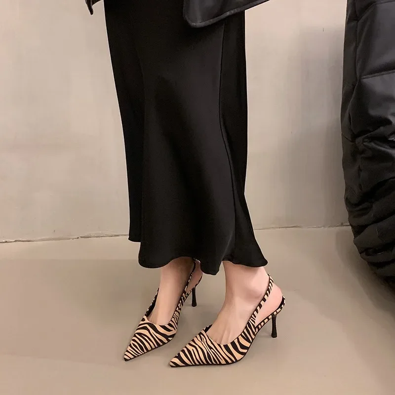 

Women's Large Size High Heels Thin Heels Pointed Toe Zebra Womens Shoes Dress Summer One Kick Sexy Fashion Sandalias De Mujer