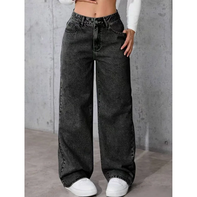 

Girls Korean Solid Loose Jeans Women Chic High Waist Straight Leg Denim Trousers Female Daily Commute Thin Pants