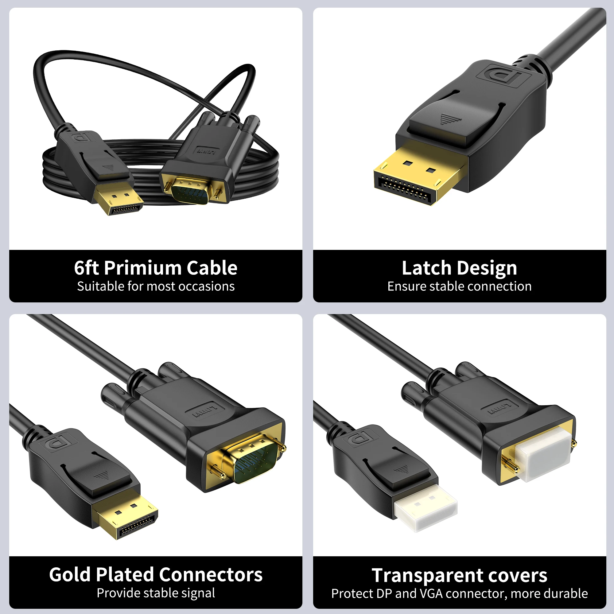 LORYI Displayport To VGA 6 Feet Cable Uni-Directional DP DisplayPort Computer to VGA Monitor Cable Male to Male 1080P 60Hz Cord