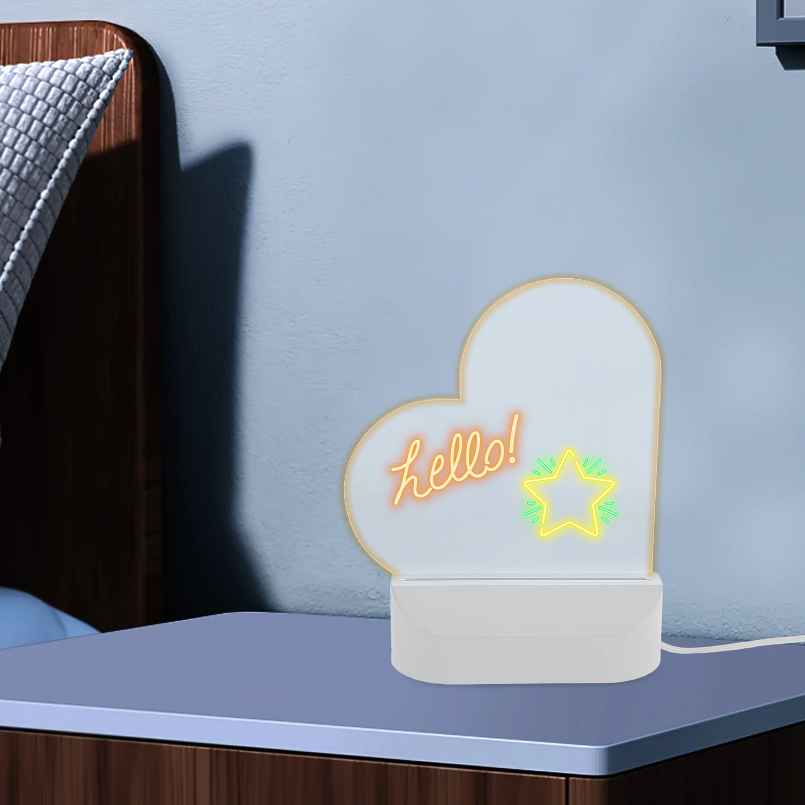 Tablero de mensajes de corazón acrílico LED, tableta de escritura borrable, luz nocturna, pizarra blanca portátil para escritorio, tablero de notas para adultos, 1 Juego