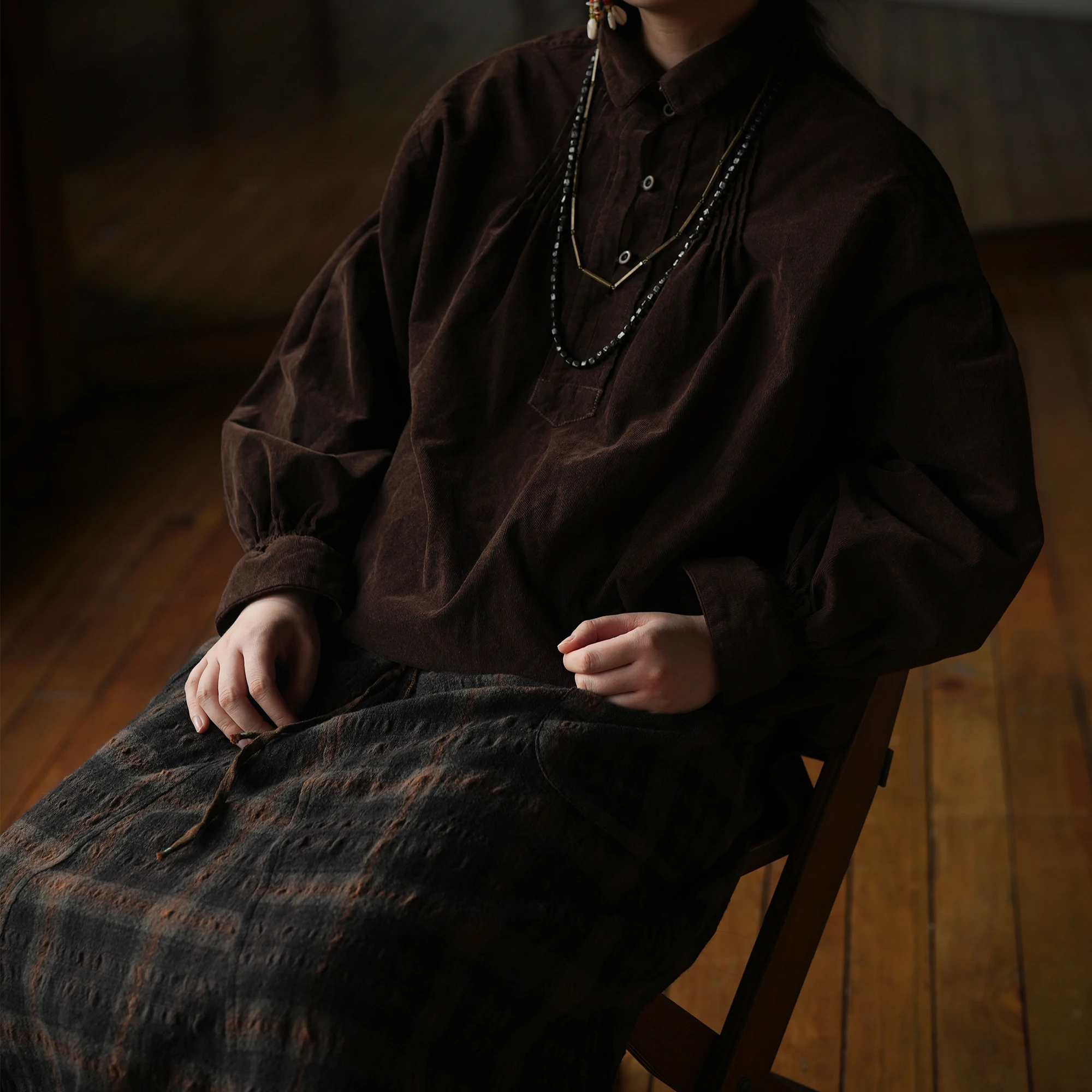 

PengPeng Home S0629 Vintage Sle Silk Cotton irt Fine Fce Collared Loose Fit Long Sve Women's Casual Wear