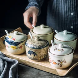 Japanese-Style Retro Porcelain Hand Painted Jar Salt Jar Gourmet Powder Can Box Household Kitchen with Seasoning Spoon