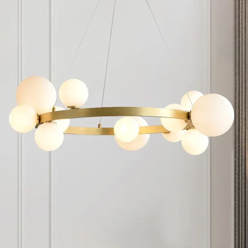 Moden Simple Gold Ring-shaped LED Chandelier White Glass Ball Pendant Light Living Room Bedroom Restaurant Kitchen Hanging Lamp
