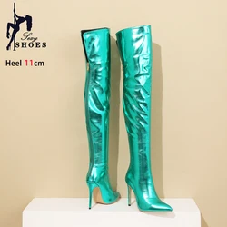 Thigh High Womens Boots 11CM Stiletto Sexy Over-the-Knee Boots Green Glitter Leather Nightclub Shoes For Lady Party Heels Botas