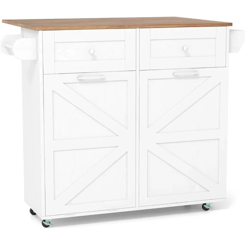 Rolling Kitchen Island with Trash Can Storage Cabinet, Drop Leaf Breakfast Bar Table, Towel Holder, 2 Drawers & Door Racks
