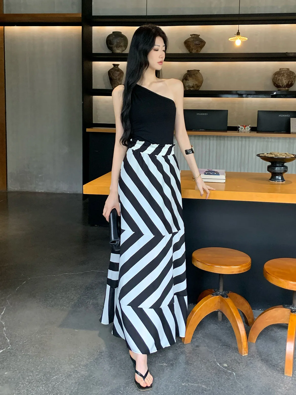 

JiJinqi Summer Casual Asymmetrical Striped Skirt Thin Split Design Drapey f Skirt High Waist A-Line Korean Sle Polyester...