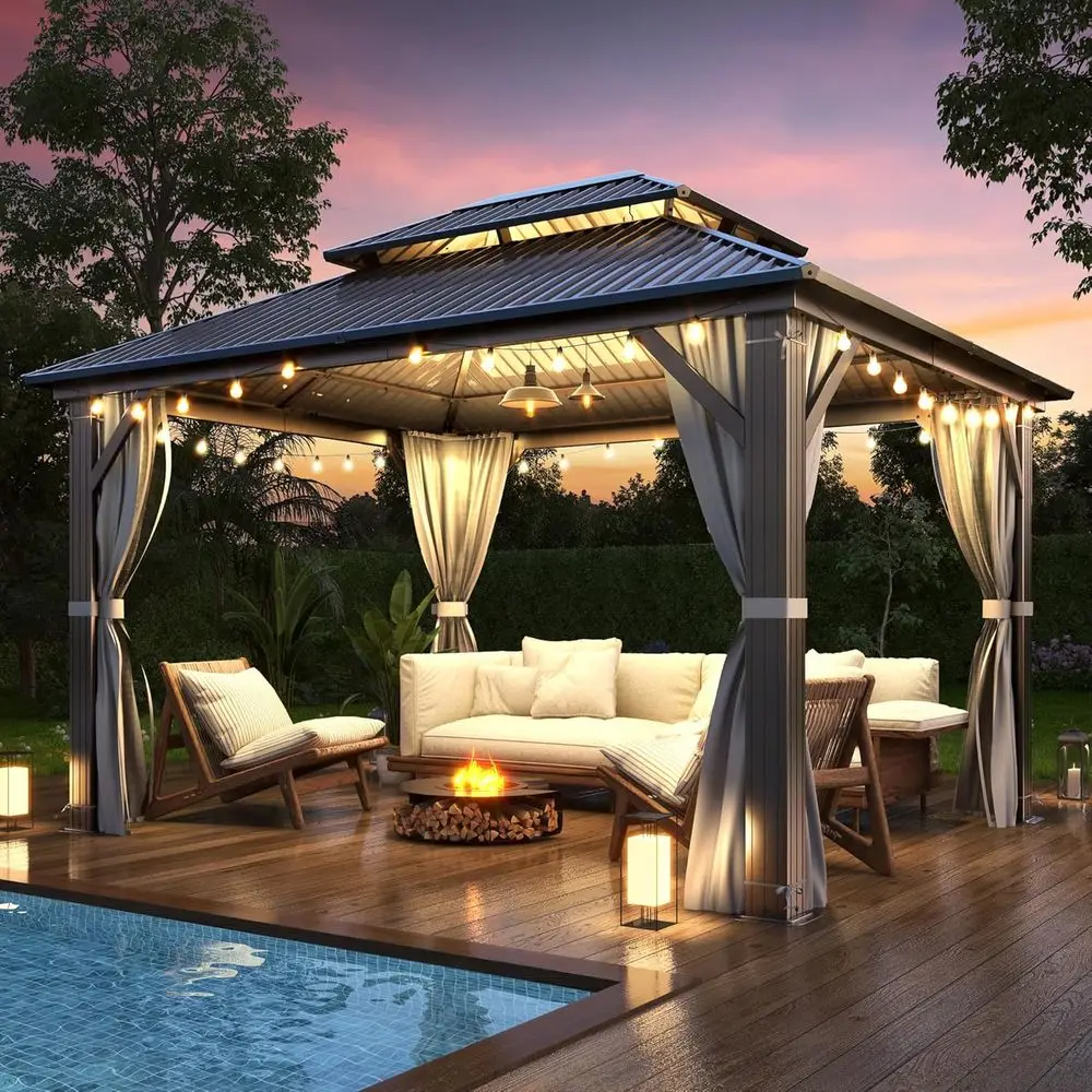 

10' x 12' Outdoor Hardtop Gazebo - Heavy-Duty Double Roo Vented Gazebo with Breathable Netting & Privacy Curtains or Patio, Porc
