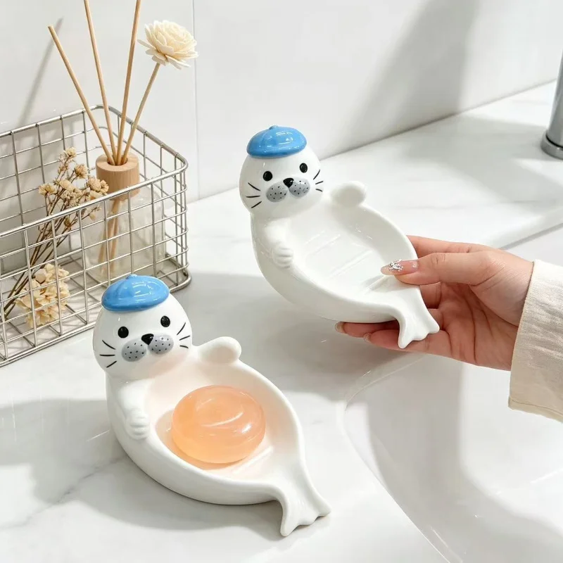 Cute Sea Lion Shaped Ceramic Soap Dish, No Punching Household Bathroom Soap Box, Creative Bathroom Decor Accessory