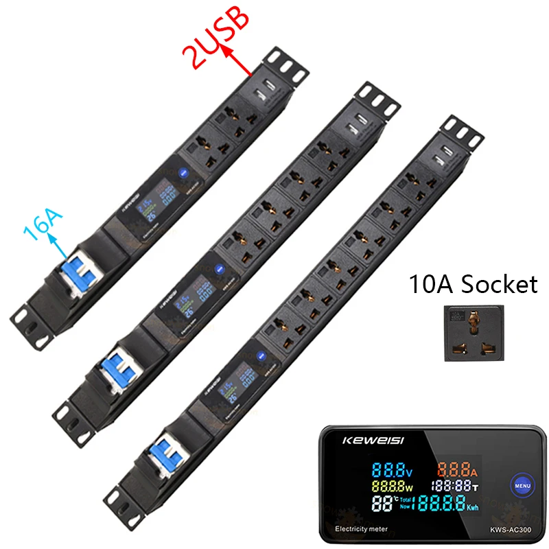 

PDU Power Strip Digital Voltmeter Ammeter Wattmeter 16A Air Switch 2-10Ways Universal Socket 2USB 2Meter Cord