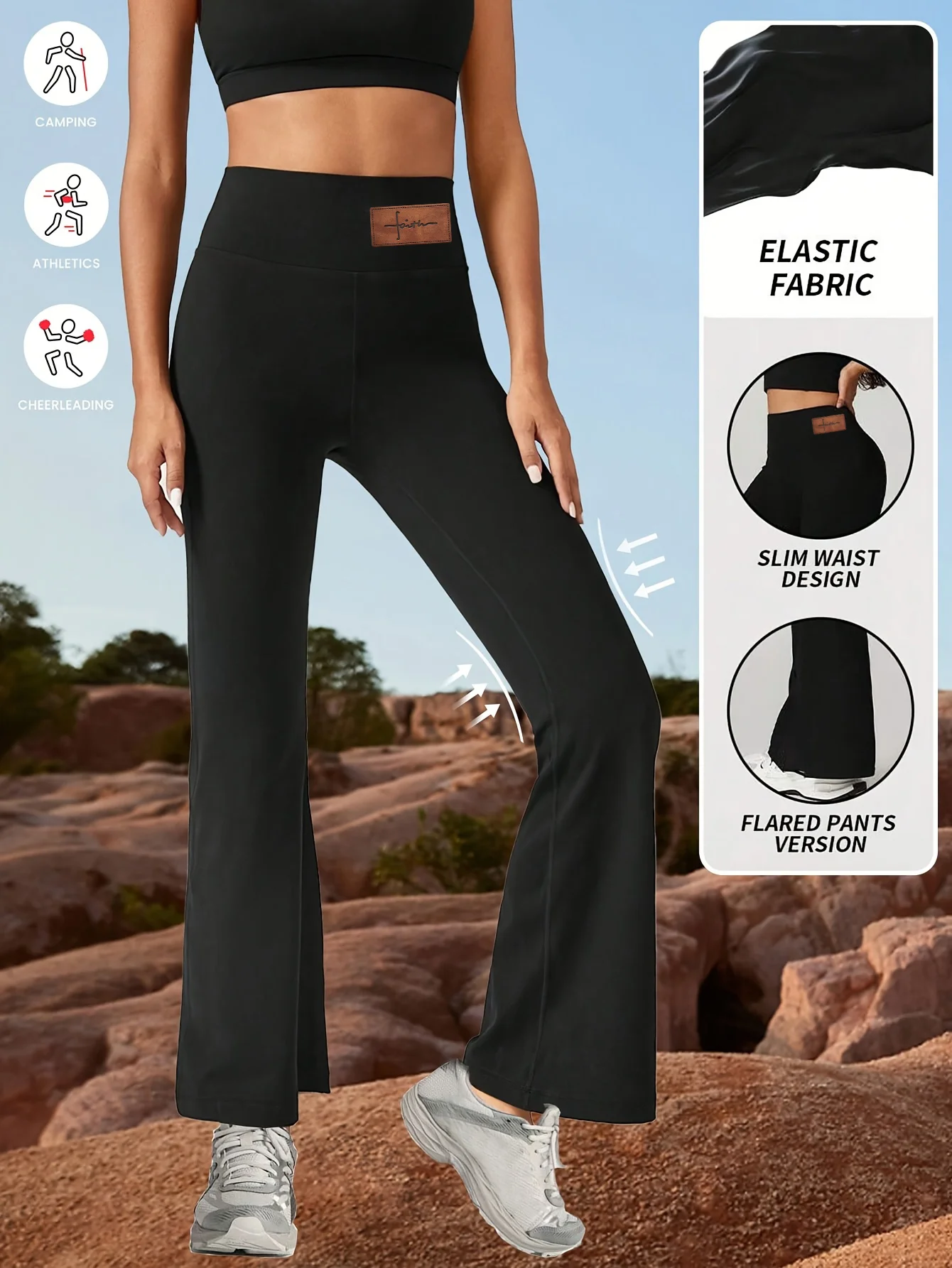 

Черные леггинсы с высокой талией и расклешенными штанинами для женщин: эластичные, с эффектом утяжки живота и подтяжки ягодиц, подходят для занятий спортом и повседневной носки.