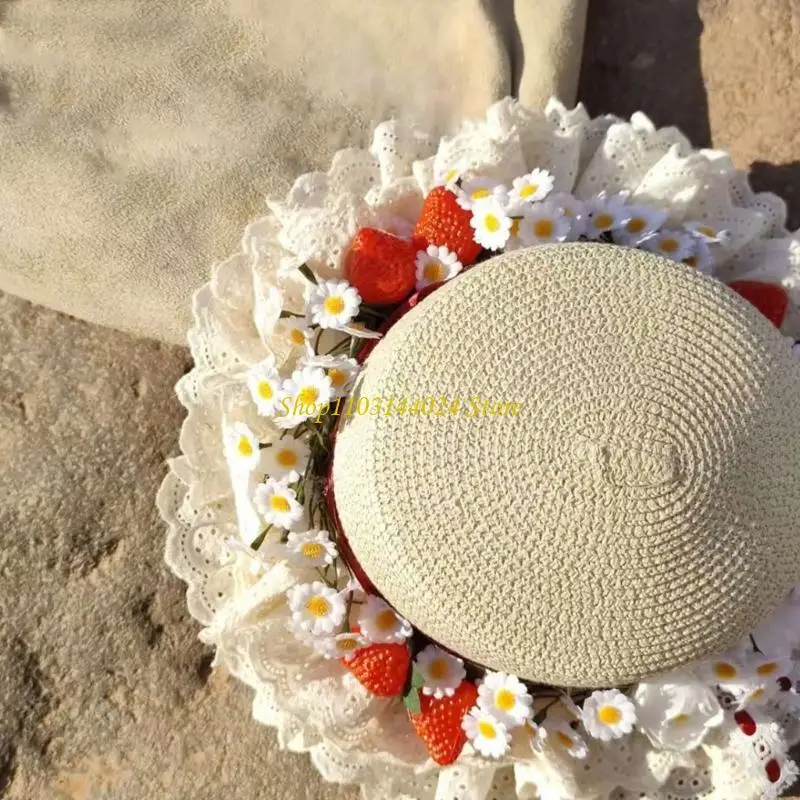 Stylish Floral Decorated Straw Bonnet With Adjustable Size Strawberry Beach Sun Hat Outdoor CapsFor Women And Girls