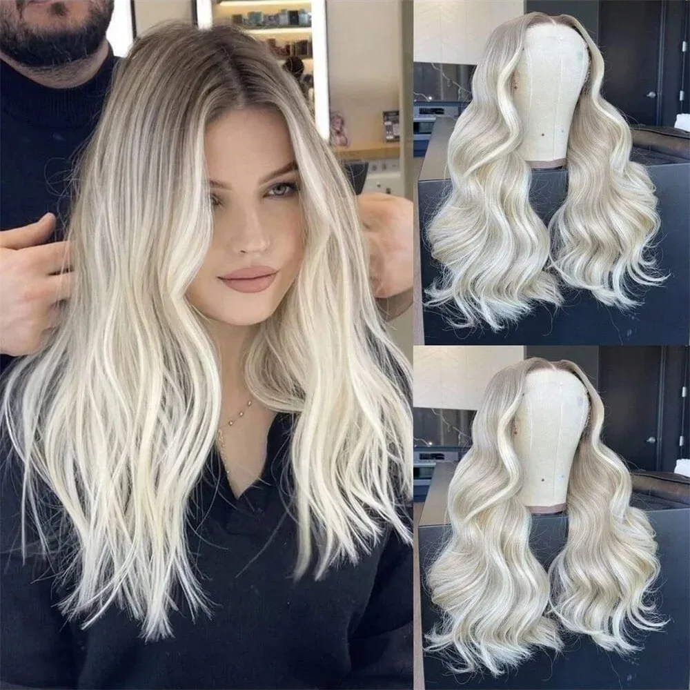 

Mixed Ash And Platinum Blonde Body Wave Lace Front Wig Dark Roots With Preplucked Realistic Hairline Synthetic Daily For Women