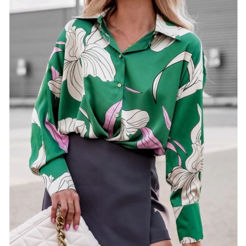 

Green Floral Print Shirt Design Long Sleeve Autumn Women 2024 White Shirts Turn Down Collar Letter Single Breasted Blouses Tops