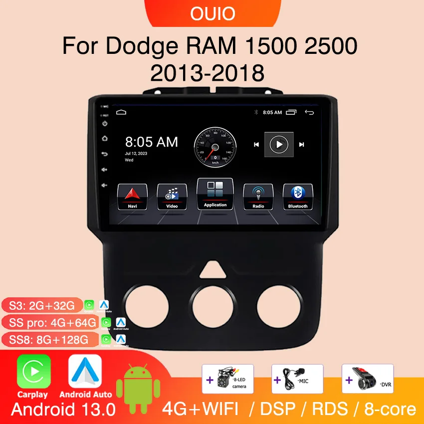 

Android 13 Radio For Dodge RAM 1500 2500 2013-2019 Car stereo Multimedia Player Carplay Auto GPS navigation 2DIN DSP 4G NO DVD