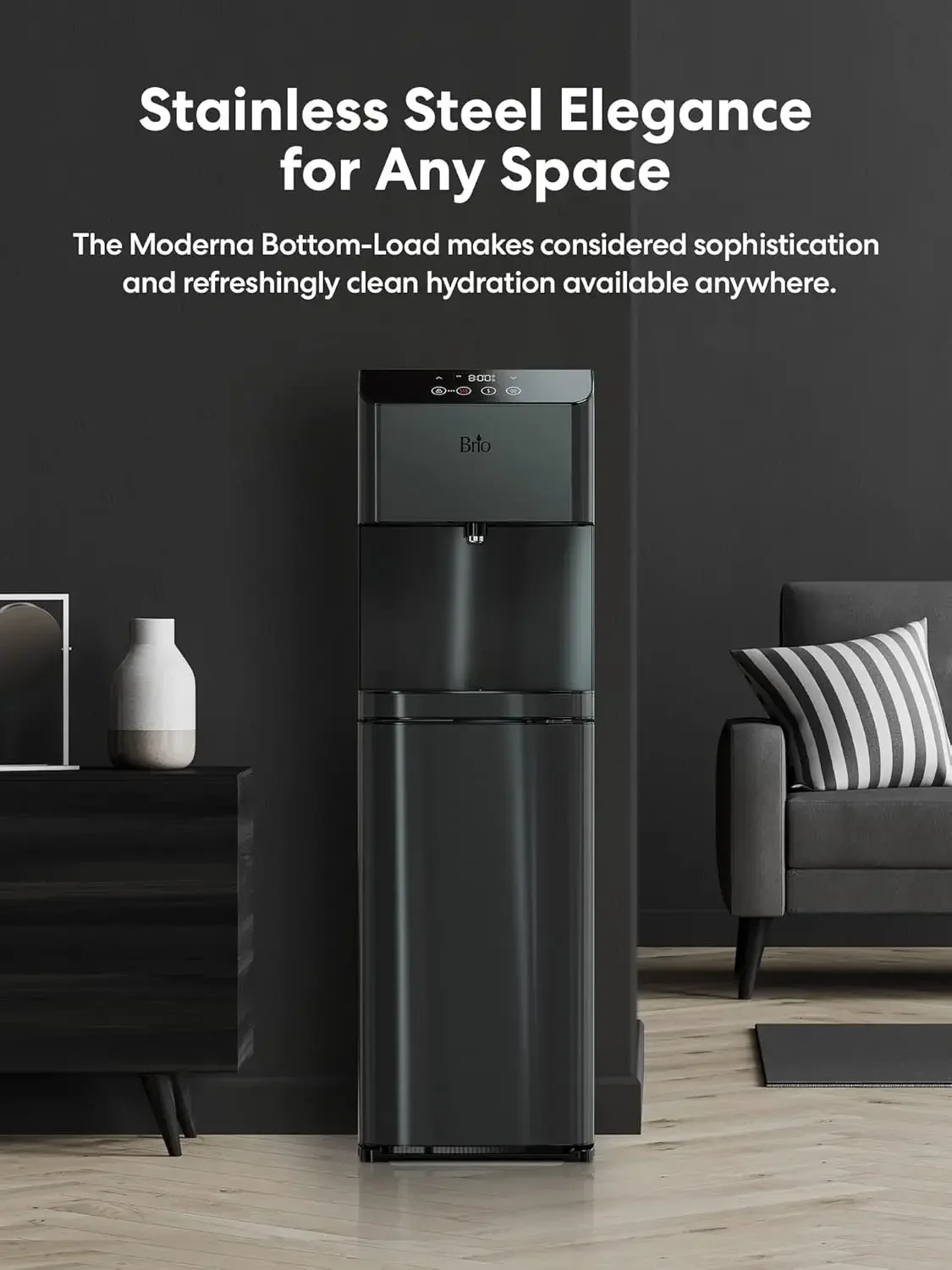 CLBL720SCBLK Moderna Self Cleaning Bottom Load Hot, Cold & Room Water Cooler - New Black Stainless Steel - Tri Temp W/Touch