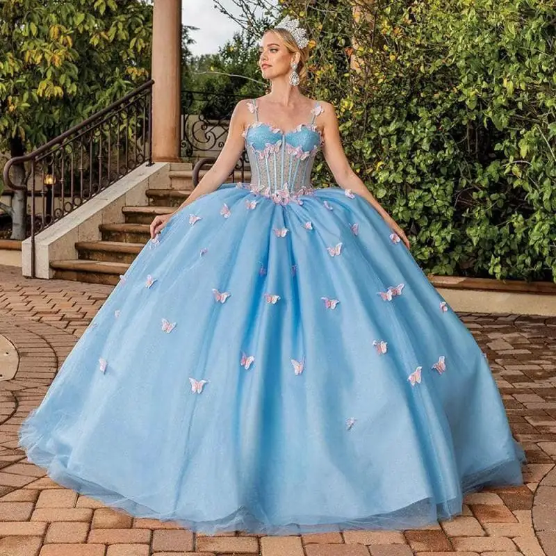 Attractive Tulle Quinceanera Dresses with Appliques Corset Sweetheart Spaghetti Straps Vestidos De 15 Made To Order