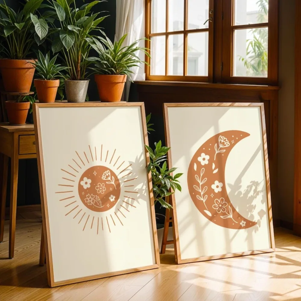 Frameless Sun and Moon Prints, Modern Minimalist Bohemian Wall Art, Digital Download, Living Room Bedroom Wall Art Decoration