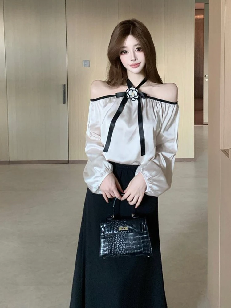 French Style Long Sleeve Satin A-Line Skirt And Top Set with Hanging Neck  Knot Black Color Block Atmosphere Sensation