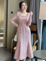 Lady Formal Occasion Luxury Sequin Mermaid Dress Women Clothing Elegant Office Sweet Square Collar Wrap Hip Party Robe Vestidos