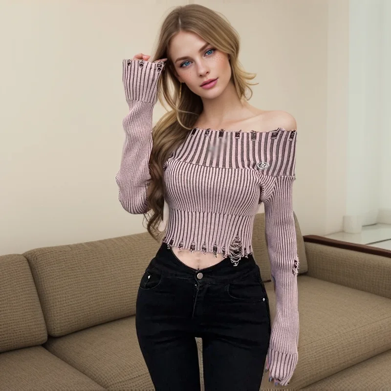 Spring Autumn Pullover Women\'s Sweater Off Shoulder  Solid Colour Hole fashion Slim Sexy Knitted Long Sleeves Sweater