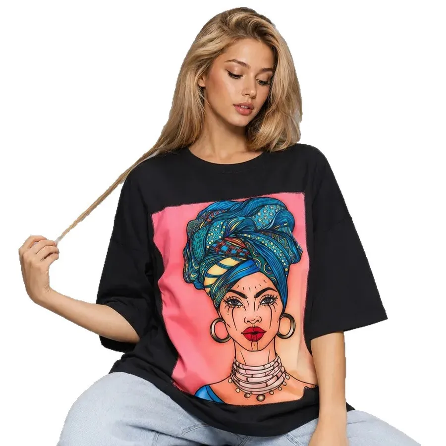 Women Loose Oversized Cotton T‑Shirt Colorful African Ethnic Lady Portrait Graphic Print, Casual Round Neck Short Sleeve Tee Top