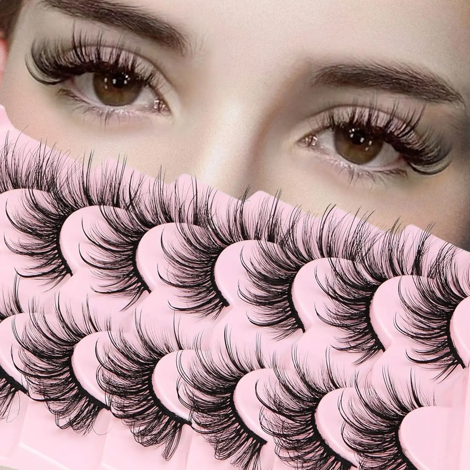 7 Pairs of Fluffy Faux Mink False Eyelashes, Lightweight Fairy Cat-Eye Style, Pointed Cluster Full-Strip Lashes, Natural and Thick Style