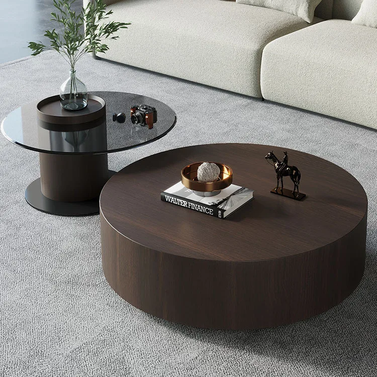 Solid wood modern simple light luxury small apartment living room size round household Italian veneer tempered glass pure black